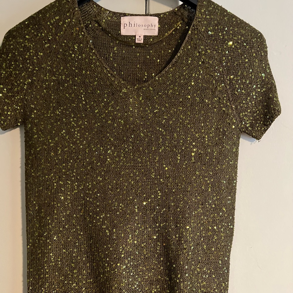 Preloved, Stretch Knit, Olive green, Sequin Top, Size M